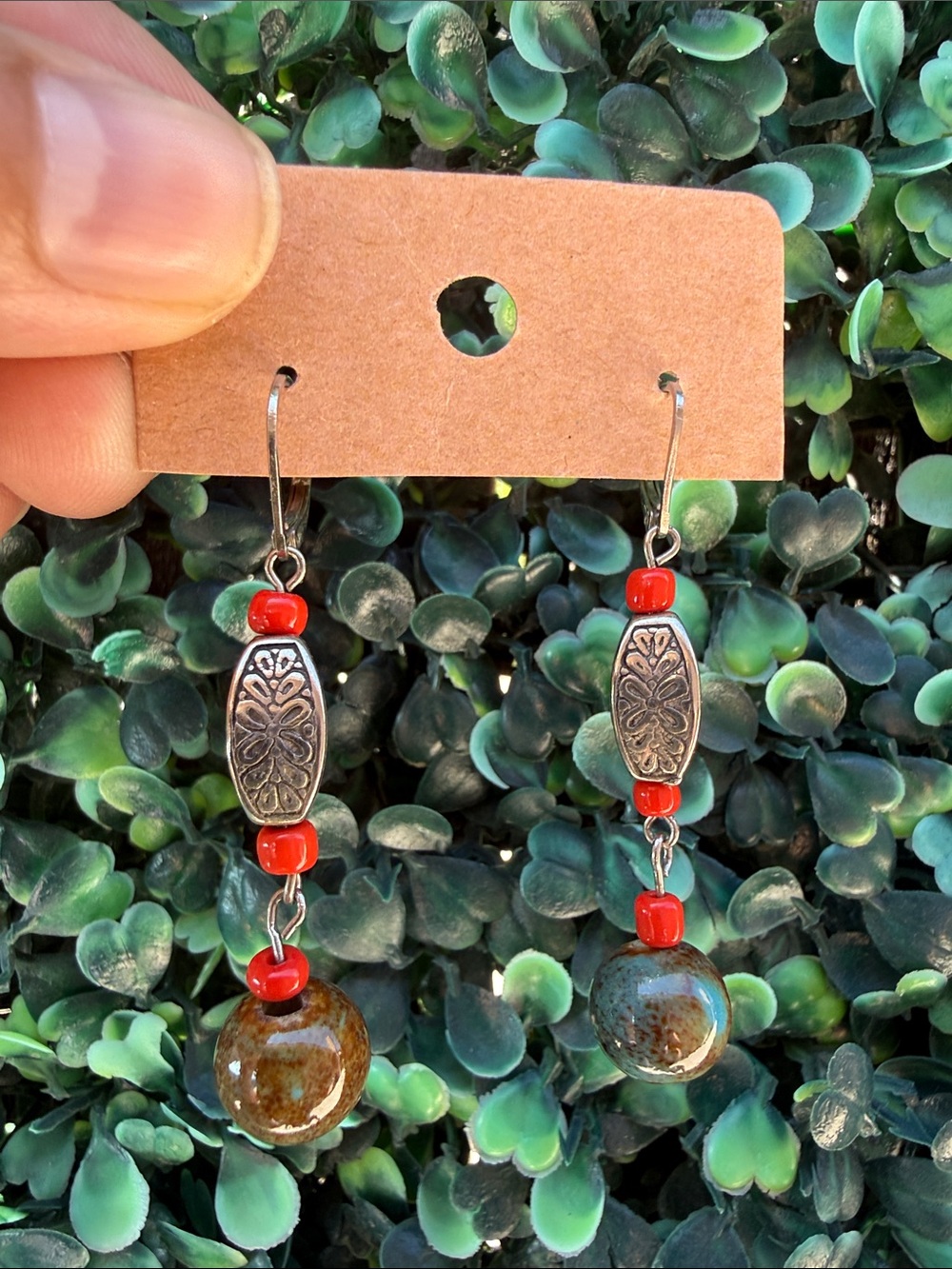 Handcrafted Red and Brown Boho Dangle Earrings